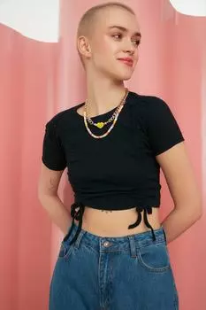 Темно-синяя укороченная трикотажная блузка со сборками Trendyol, темно-синий