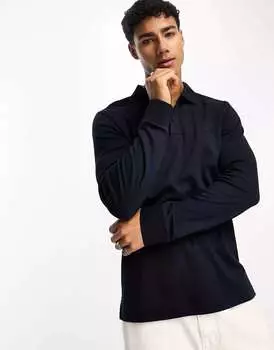 Темно-синяя узкая хлопковая рубашка-поло с длинными рукавами Calvin Klein