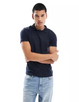 Темно-синяя узкая рубашка-поло с кубинским воротником ASOS DESIGN
