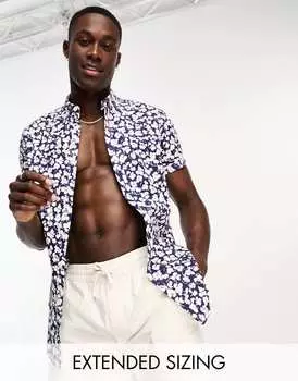 Темно-синяя узкая рубашка стрейч с цветочным принтом ASOS DESIGN