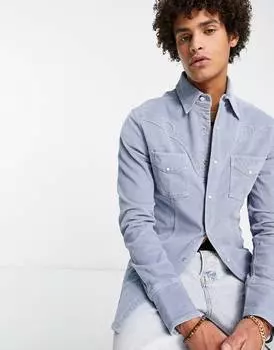 Темно-синяя вельветовая рубашка скинни ASOS DESIGN с широким воротником ASOS DESIGN