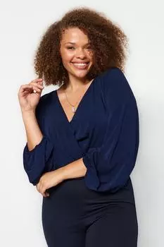 Темно-синяя вязаная блузка с двубортным воротником и объемными рукавами Trendyol, темно-синий