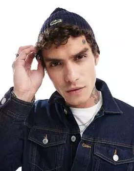 Темно-синяя вязаная шапка с логотипом Lacoste