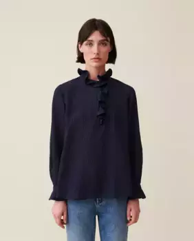 Темно-синяя женская блузка в полоску с рюшами Claudie Pierlot, темно-синий