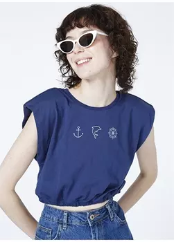 Темно-синяя женская футболка с круглым вырезом, короткими рукавами и сборкой на талии Limon