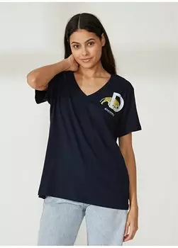 Темно-синяя женская футболка с V-образным вырезом и принтом W-MERCAN Discovery Expedition, темно-синий