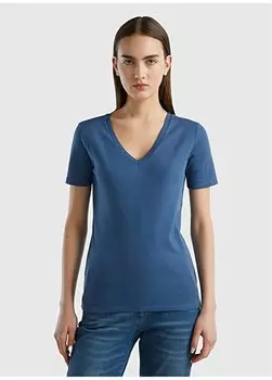 Темно-синяя женская футболка с V-образным вырезом 3GA2E4230 Benetton, темно-синий