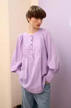 Темно-сиреневая блузка с полупланкой и сборками из 100 % хлопка с круглым вырезом ALL DAY