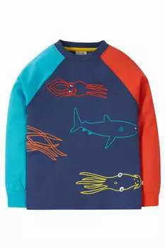 Темно- топ с изображением морских животных и длинными рукавами реглан Frugi, синий