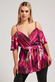 Темно- топ с открытыми плечами Yours london Curve с цветочным принтом Yours, розовый