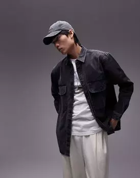 Темно-угольная оверсайз-рубашка из твила с длинными рукавами и двойными карманами Topman