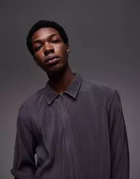 Темно-угольная рубашка-поло оверсайз с длинными рукавами и молнией Topman