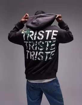 Темно-угольная толстовка оверсайз Topman с принтом и цветочной вышивкой спереди и сзади