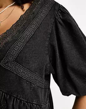Темно-угольное свободное платье мини с кружевной вставкой ASOS DESIGN