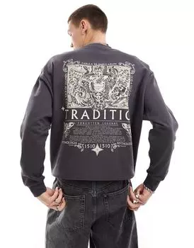 Темно-угольный свитшот оверсайз с принтом херувимов ASOS DESIGN