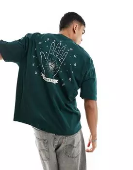 Темно-зеленая футболка оверсайз с небесным принтом на спине ASOS DESIGN