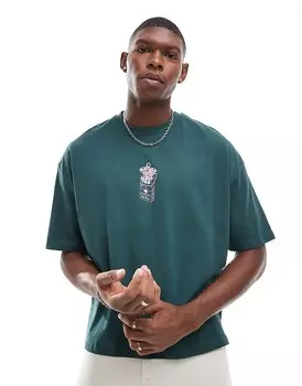 Темно-зеленая футболка оверсайз с принтом на груди ASOS Dark Future