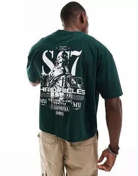 Темно-зеленая футболка оверсайз с уличным принтом на спине ASOS DESIGN