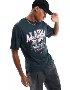 Темно-зеленая футболка свободного кроя Jack & Jones с принтом «Аляска»