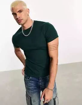 Темно-зеленая футболка в рубчик с круглым вырезом ASOS