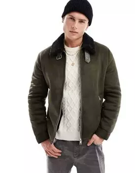 Темно-зеленая куртка-пилот River Island с отделкой под кожу ягненка