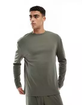 Темно-зеленая свободная футболка в рубчик с длинными рукавами ASOS DESIGN