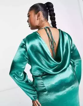 Темно-зеленое атласное платье миди с запахом спереди и хомутом на спине ASOS DESIGN Curve