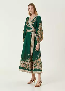 Темно-зеленое платье миди с запахом и "огурцами" Zimmermann