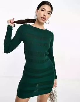 Темно-зеленое трикотажное мини-платье в рубчик с полосками ASOS