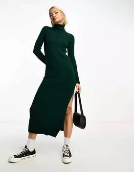 Темно-зеленое трикотажное платье макси с высоким воротником и разрезом по бокам ASOS