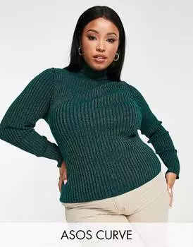 Темно-зеленый джемпер в рубчик с высоким воротником ASOS DESIGN Curve из металлизированной пряжи ASOS DESIGN