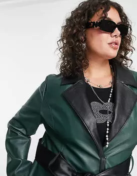 Темно-зеленый тренч из искусственной кожи COLLUSION Plus с черными деталями