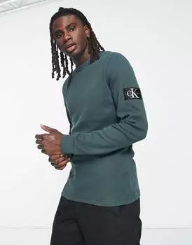 Темно-зеленый вафельный топ с длинными рукавами и логотипом Calvin Klein Jeans