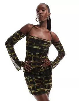 Темное клетчатое платье мини с сетчатым вырезом и глубокими рукавами ASOS DESIGN