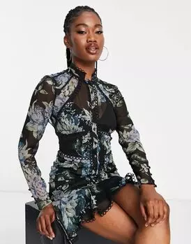 Темное платье мини с кружевной отделкой ASOS с цветочным принтом
