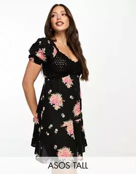 Темное платье мини с открытыми плечами, связанное крючком, ASOS DESIGN Tall