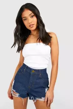 Темные джинсовые шорты с высокой посадкой и рваными деталями Boohoo, синий