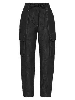 Темные полированные джинсы Baggy Utility с кулиской и блестящей лентой Brunello Cucinelli, черный