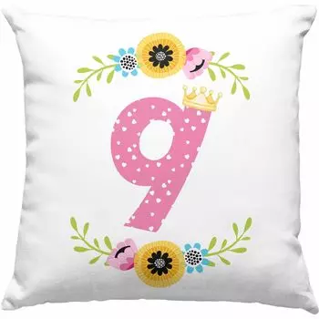 Тенденция - декоративная подушка для девочки на 9-летие с наполнителем 40x40, подарок на девятый день рождения, графическая корона, 9 лет (синяя) Trendation