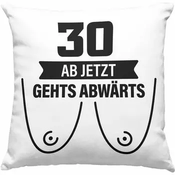 Тенденция - Декоративная подушка на 30-летие с наполнителем 40 x 40 см Подарок женщине Забавная поговорка для матери Подарок на 30-летие «Отныне вниз» (розовый) Trendation