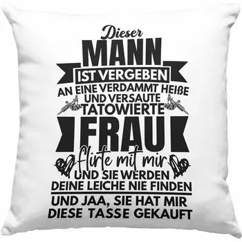 Тенденция - Этот мужчина прощен Татуированная женщина Декоративная подушка с наполнителем 40 x 40 см Подарок парню мужу Смешная поговорка на День святого Валентина (синий) Trendation