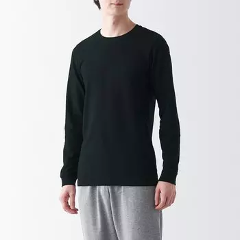 Теплая хлопковая футболка с круглым вырезом и длинными рукавами MUJI, черный