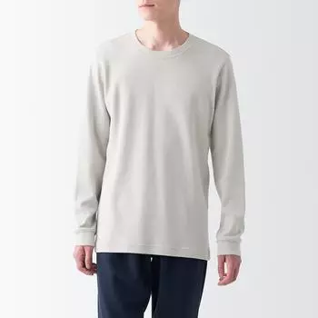 Теплая хлопковая футболка с круглым вырезом и длинными рукавами MUJI, песочно-бежевый