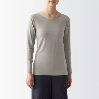 Теплая хлопковая футболка с круглым вырезом и длинными рукавами MUJI, серовато-коричневый