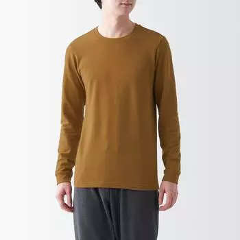 Теплая хлопковая футболка с круглым вырезом и длинными рукавами MUJI, верблюд