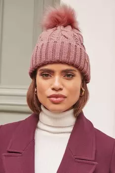 Теплая вязаная шапка с помпоном из искусственного меха Lipsy, розовый