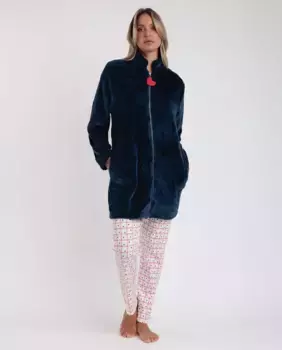 Теплый женский халат темно-синего цвета с длинными рукавами Admas