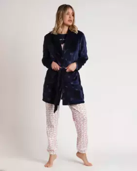 Теплый женский халат темно-синего цвета с длинными рукавами Admas