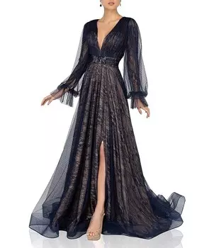 Terani Couture Кружевное платье с v-образным вырезом и длинными рукавами, синий