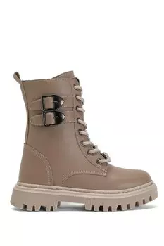 Термодлинные сапоги телесного цвета для девочек с пряжкой на подошве, шнуровкой и молнией TONNY BLACK